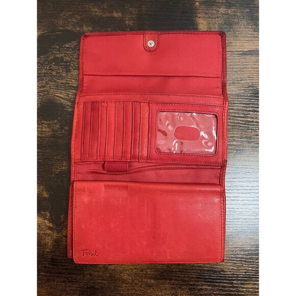 Fossil Vintage Red Leather Compact Trifold Wallet Snap Closure - Picture 3 of 4
